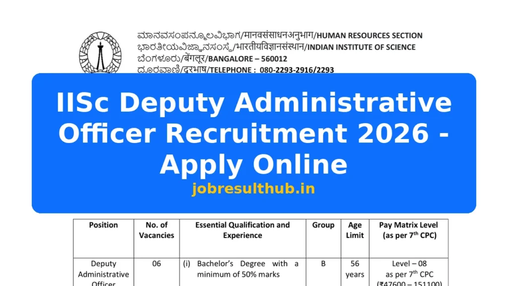 IISc Deputy Administrative Officer Recruitment 2026 - Apply Online - 2026 Posts