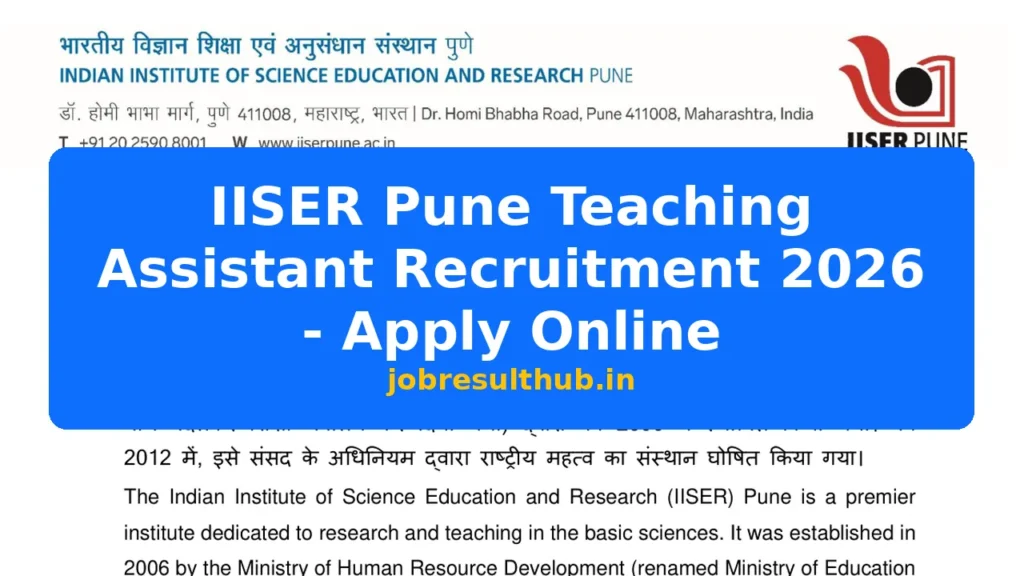 IISER Pune Teaching Assistant Recruitment 2026 - Apply Online - 2026 Posts