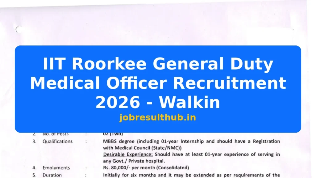 IIT Roorkee General Duty Medical Officer Recruitment 2026 - Walkin - 2026 Posts