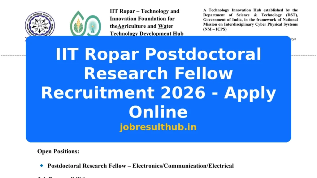 IIT Ropar Postdoctoral Research Fellow Recruitment 2026 - Apply Online - 2026 Posts