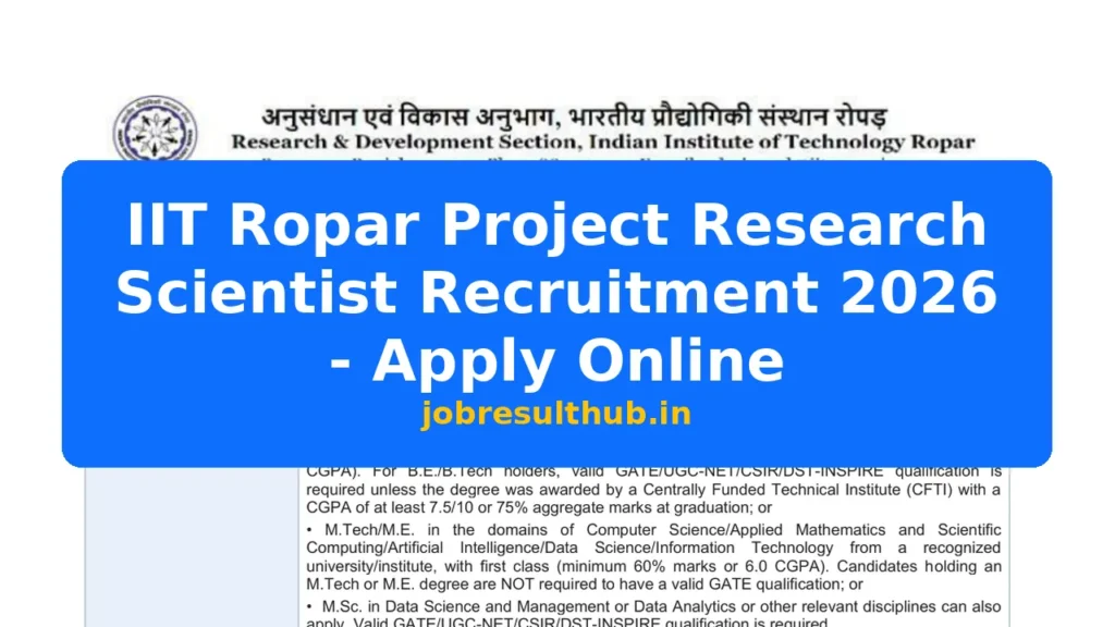 IIT Ropar Project Research Scientist Recruitment 2026 - Apply Online - 2026 Posts