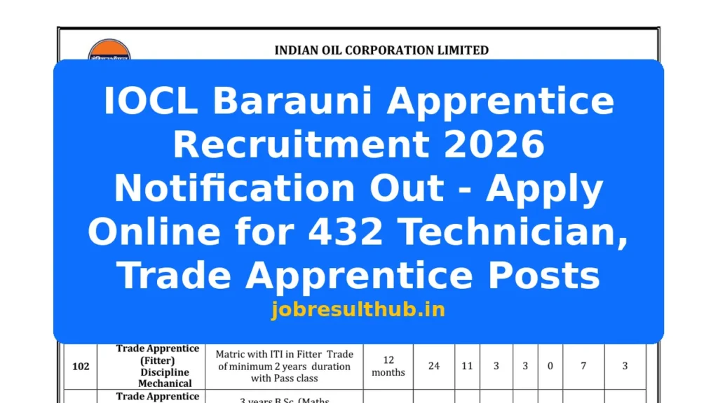 IOCL Barauni Apprentice Recruitment 2026 Notification Out - Apply Online for 432 Technician, Trade Apprentice Posts - 2026 Posts