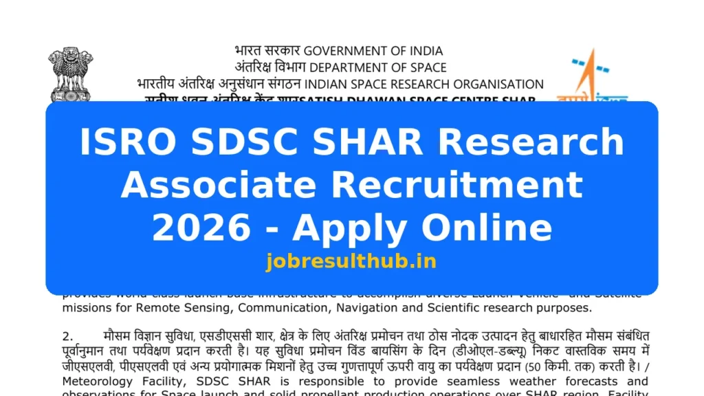 ISRO SDSC SHAR Research Associate Recruitment 2026 - Apply Online - 2026 Posts