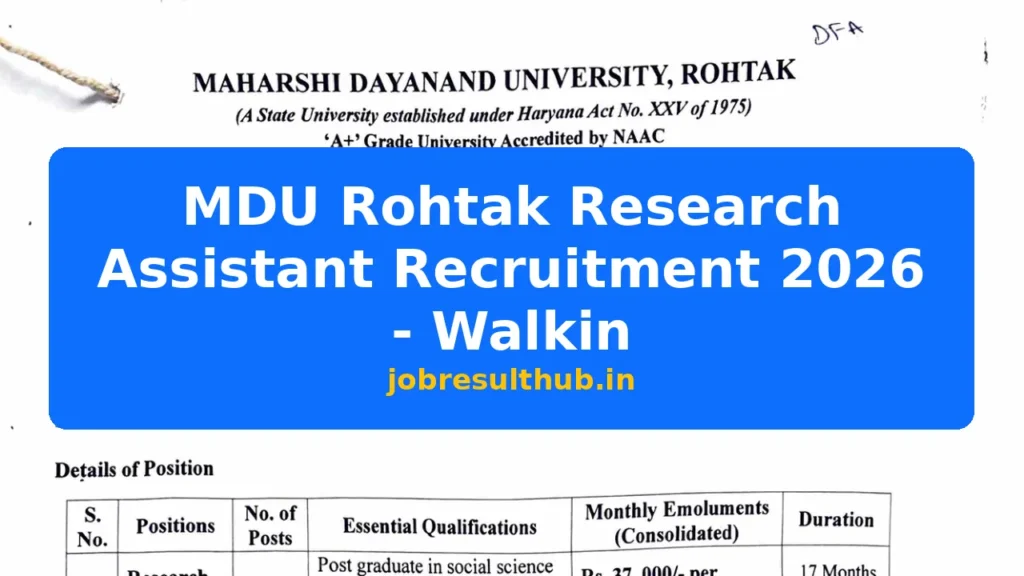 MDU Rohtak Research Assistant Recruitment 2026 - Walkin - 2026 Posts