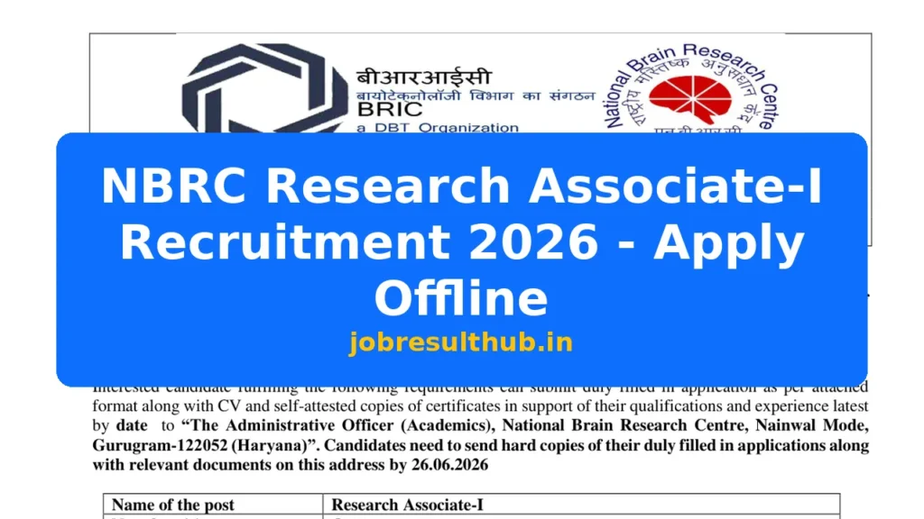 NBRC Research Associate-I Recruitment 2026 - Apply Offline - 2026 Posts