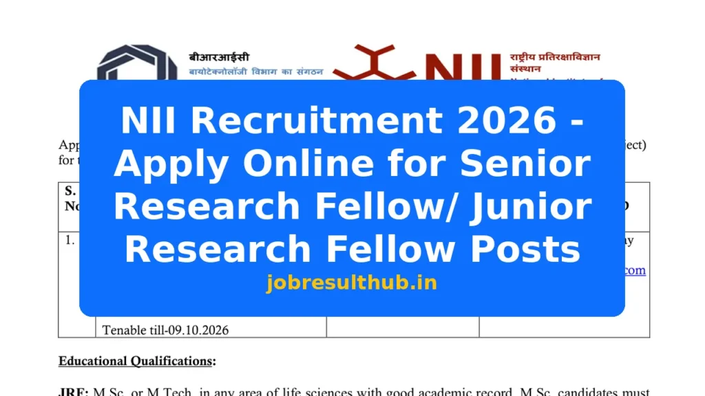 NII Recruitment 2026 - Apply Online for Senior Research Fellow/ Junior Research Fellow Posts - 2026 Posts