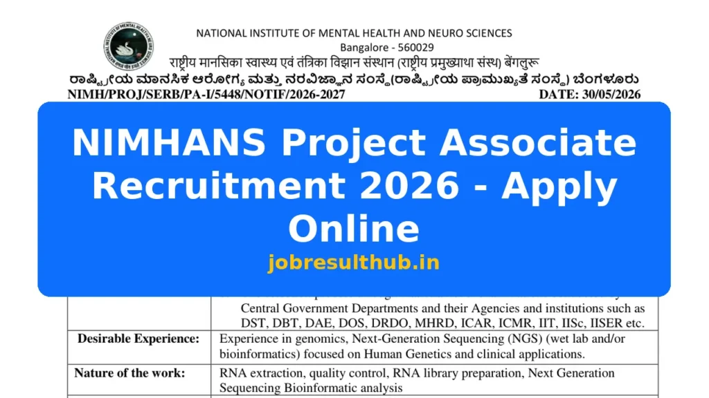 NIMHANS Project Associate Recruitment 2026 - Apply Online - 2026 Posts