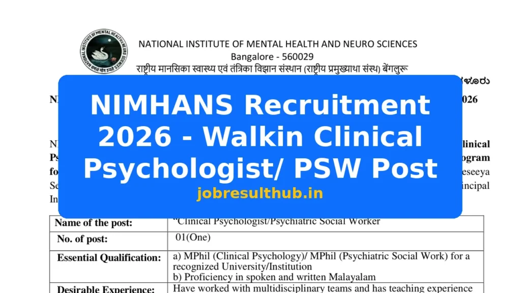 NIMHANS Recruitment 2026 - Walkin Clinical Psychologist/ PSW Post - 2026 Posts