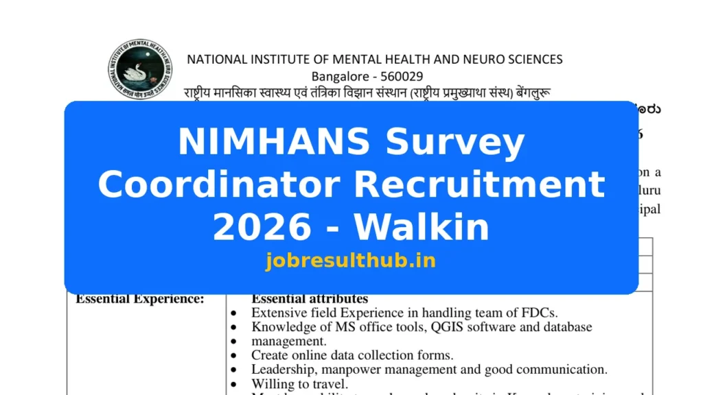 NIMHANS Survey Coordinator Recruitment 2026 - Walkin - 2026 Posts
