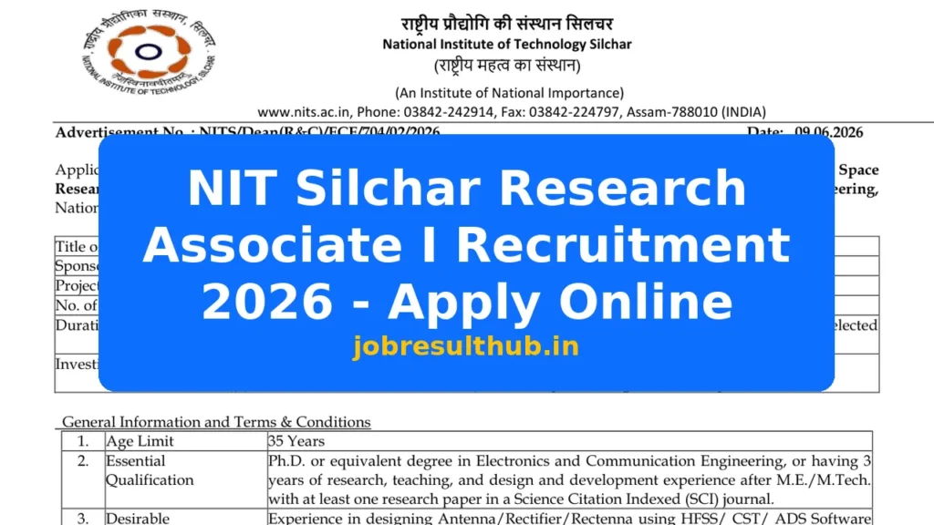 NIT Silchar Research Associate I Recruitment 2026 - Apply Online - 2026 Posts