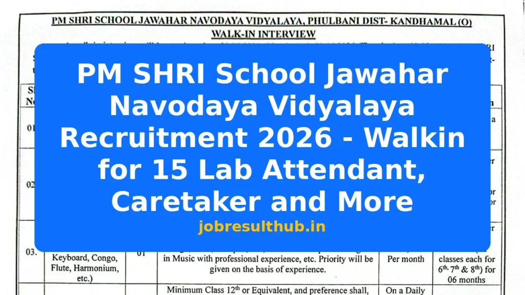 PM SHRI School Jawahar Navodaya Vidyalaya Recruitment 2026 - Walkin for 15 Lab Attendant, Caretaker and More - 2026 Posts