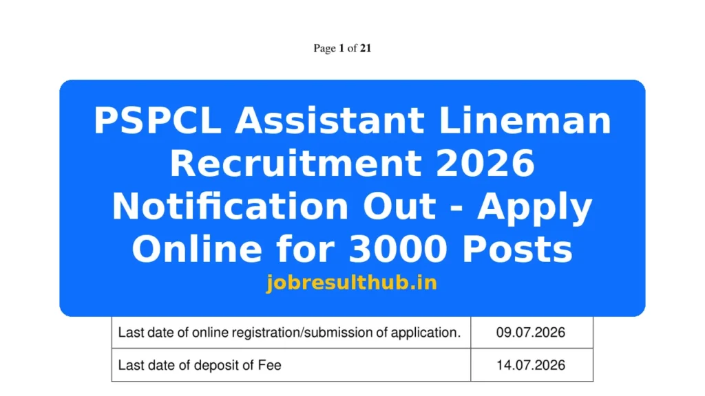 PSPCL Assistant Lineman Recruitment 2026 Notification Out - Apply Online for 3000 Posts - 2026 Posts