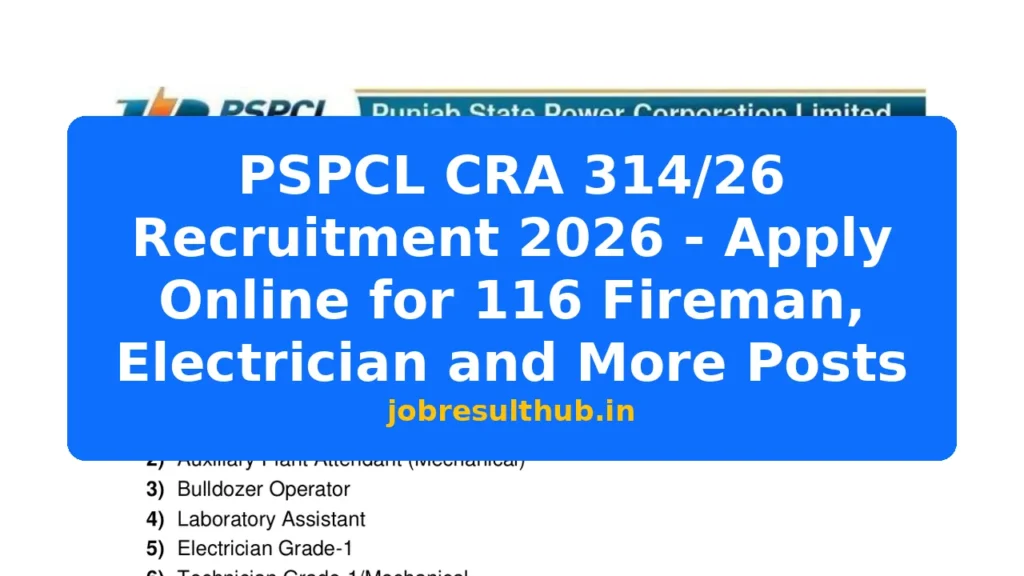 PSPCL CRA 314/26 Recruitment 2026 - Apply Online for 116 Fireman, Electrician and More Posts - 116 Posts