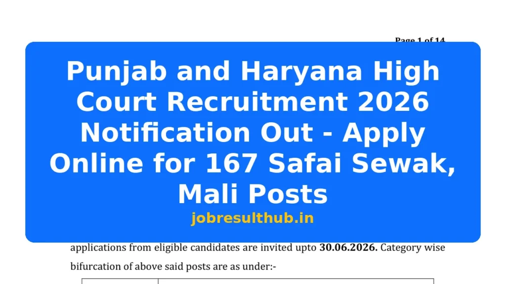 Punjab and Haryana High Court Recruitment 2026 Notification Out - Apply Online for 167 Safai Sewak, Mali Posts - 75 Posts