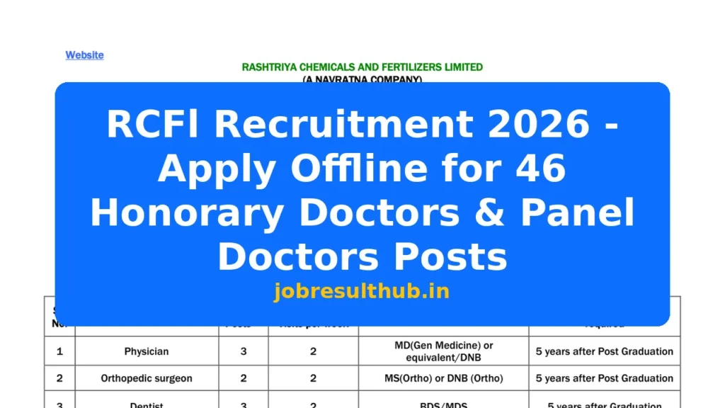 RCFl Recruitment 2026 - Apply Offline for 46 Honorary Doctors & Panel Doctors Posts - 31 Posts