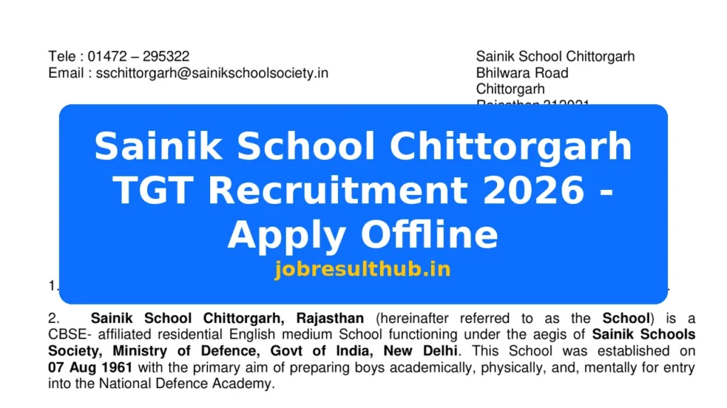 Sainik School Chittorgarh TGT Recruitment 2026 - Apply Offline - 2026 Posts
