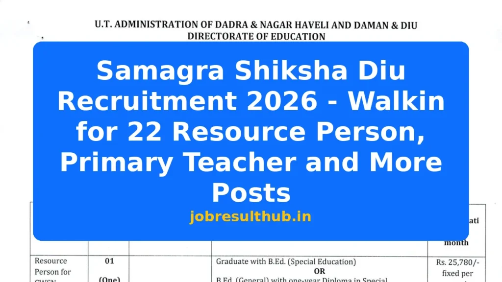 Samagra Shiksha Diu Recruitment 2026 - Walkin for 22 Resource Person, Primary Teacher and More Posts - 2026 Posts
