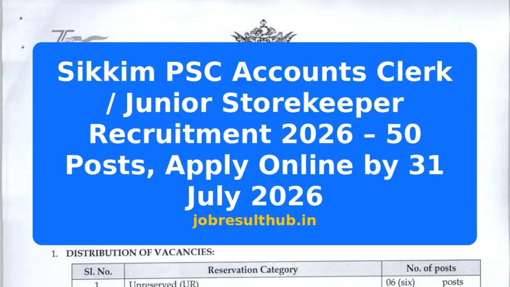 Sikkim PSC Accounts Clerk / Junior Storekeeper Recruitment 2026 – 50 Posts, Apply Online by 31 July 2026 - 50 Posts