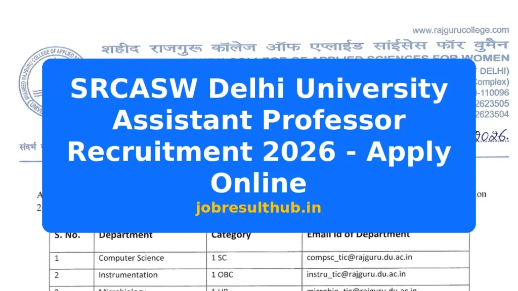 SRCASW Delhi University Assistant Professor Recruitment 2026 - Apply Online - 2026 Posts