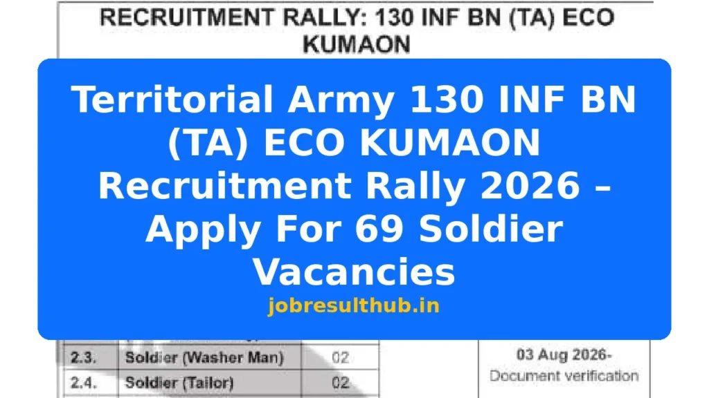 Territorial Army 130 INF BN (TA) ECO KUMAON Recruitment Rally 2026 – Apply For 69 Soldier Vacancies - 2026 Posts