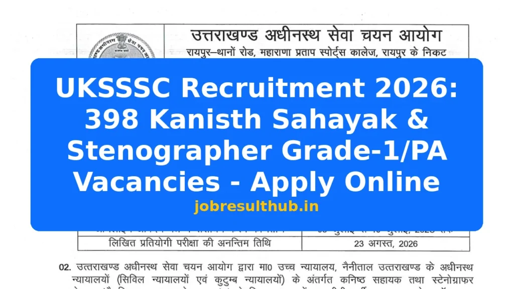 UKSSSC Recruitment 2026: 398 Kanisth Sahayak & Stenographer Grade-1/PA Vacancies - Apply Online - 398 Posts