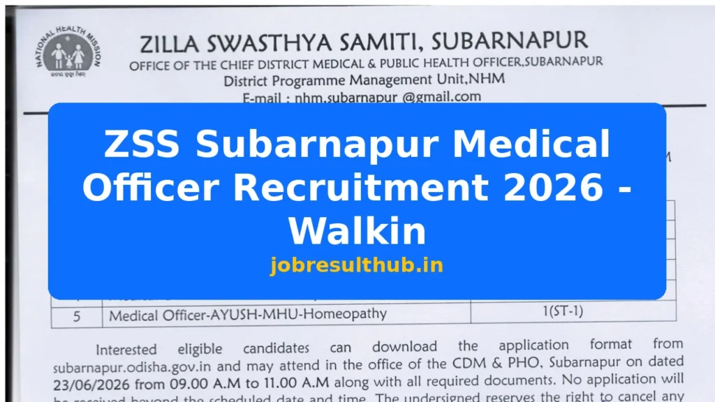 ZSS Subarnapur Medical Officer Recruitment 2026 - Walkin - 2026 Posts