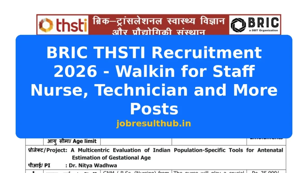 BRIC THSTI Recruitment 2026 - Walkin for Staff Nurse, Technician and More Posts - 2026 Posts