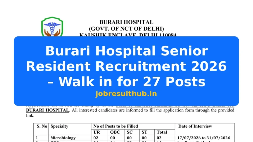 Burari Hospital Senior Resident Recruitment 2026 – Walk in for 27 Posts - 2026 Posts