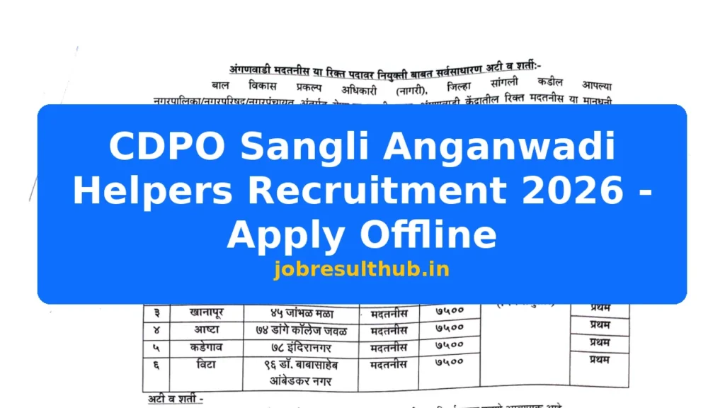 CDPO Sangli Anganwadi Helpers Recruitment 2026 - Apply Offline - 2026 Posts