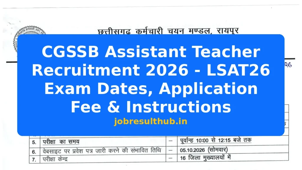 CGSSB Assistant Teacher Recruitment 2026 - LSAT26 Exam Dates, Application Fee & Instructions - 102 Posts