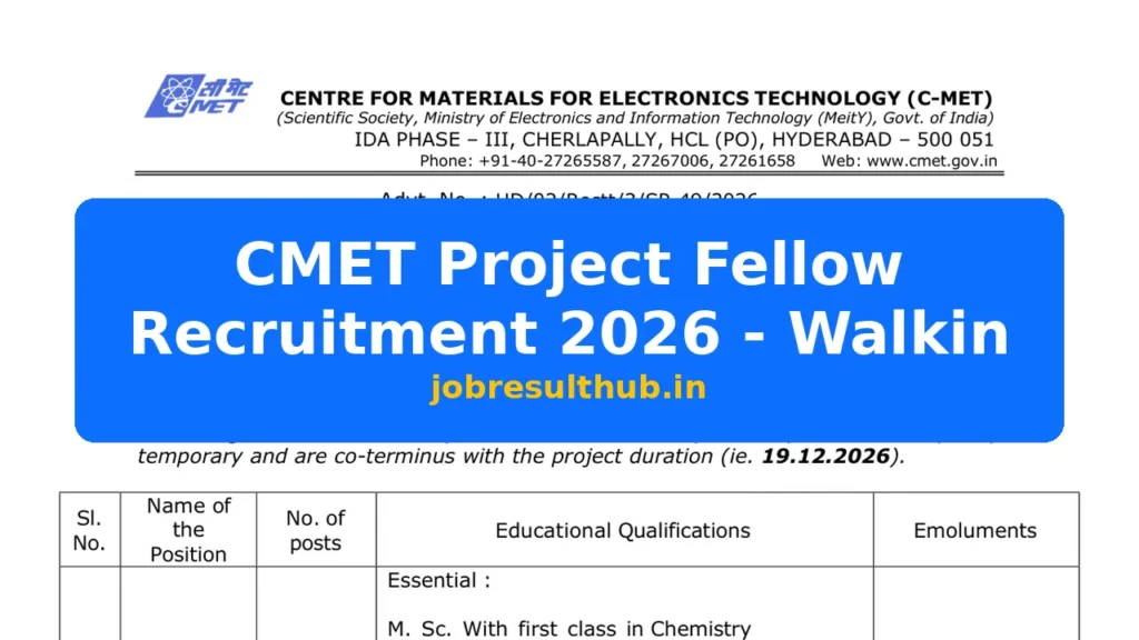CMET Project Fellow Recruitment 2026 - Walkin - 2026 Posts