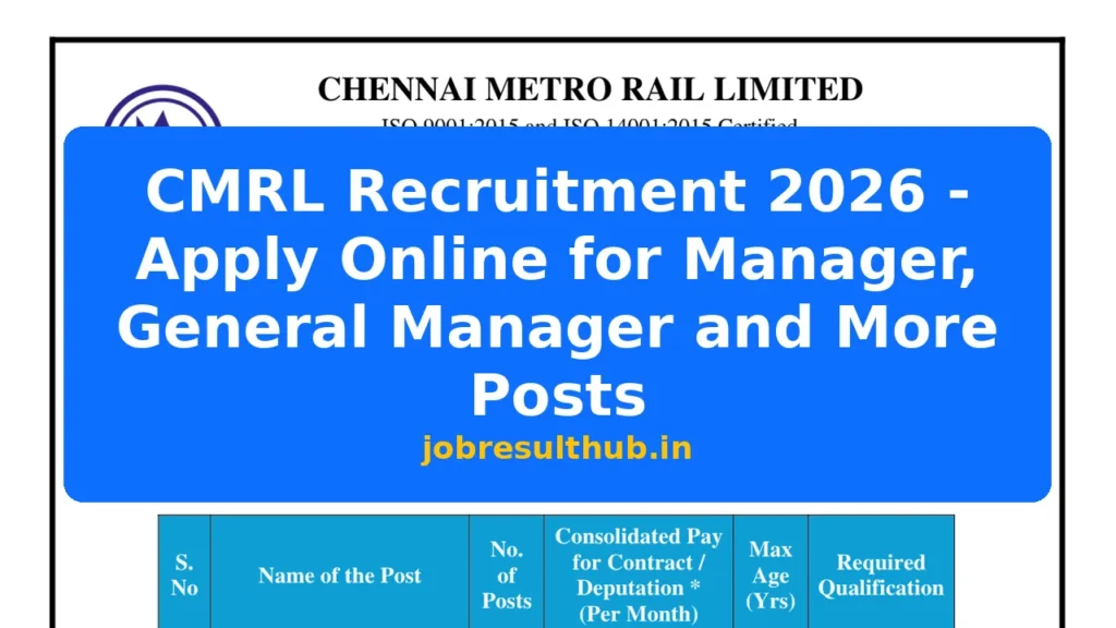 CMRL Recruitment 2026 - Apply Online for Manager, General Manager and More Posts - 6 Posts