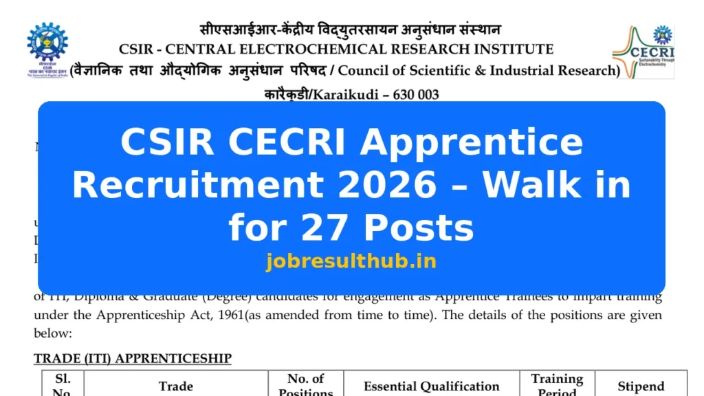 CSIR CECRI Apprentice Recruitment 2026 – Walk in for 27 Posts - 2026 Posts