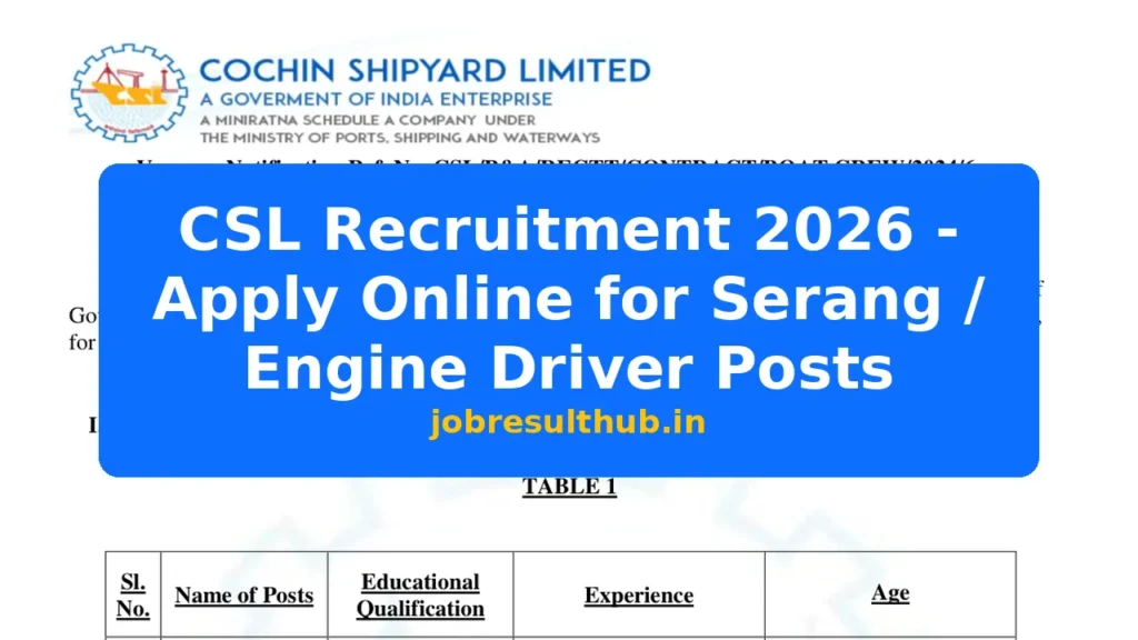 CSL Recruitment 2026 - Apply Online for Serang / Engine Driver Posts - 2026 Posts