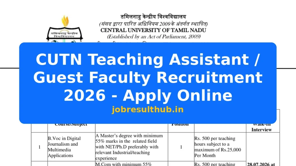 CUTN Teaching Assistant / Guest Faculty Recruitment 2026 - Apply Online - 2026 Posts
