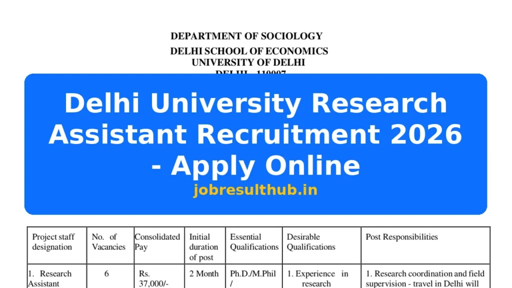 Delhi University Research Assistant Recruitment 2026 - Apply Online - 2026 Posts