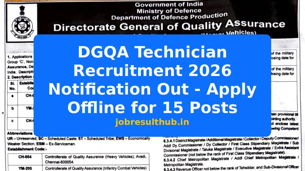 DGQA Technician Recruitment 2026 Notification Out - Apply Offline for 15 Posts - 15 Posts