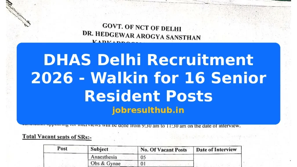DHAS Delhi Recruitment 2026 - Walkin for 16 Senior Resident Posts - 2026 Posts