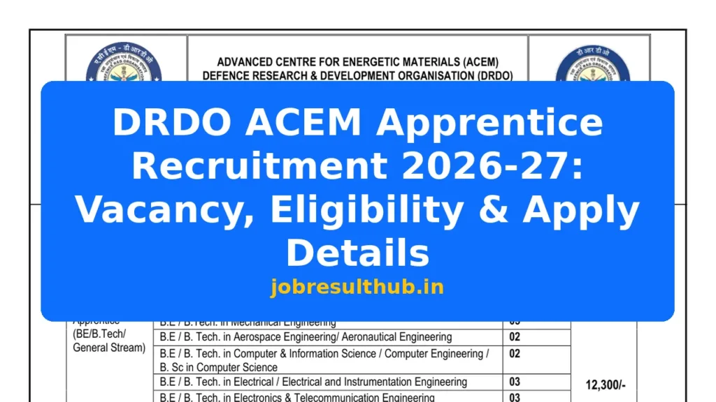 DRDO ACEM Apprentice Recruitment 2026-27: Vacancy, Eligibility & Apply Details - 779 Posts
