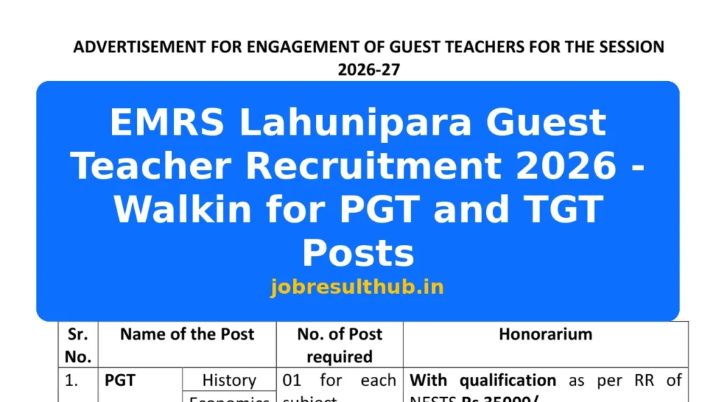 EMRS Lahunipara Guest Teacher Recruitment 2026 - Walkin for PGT and TGT Posts - 2026 Posts