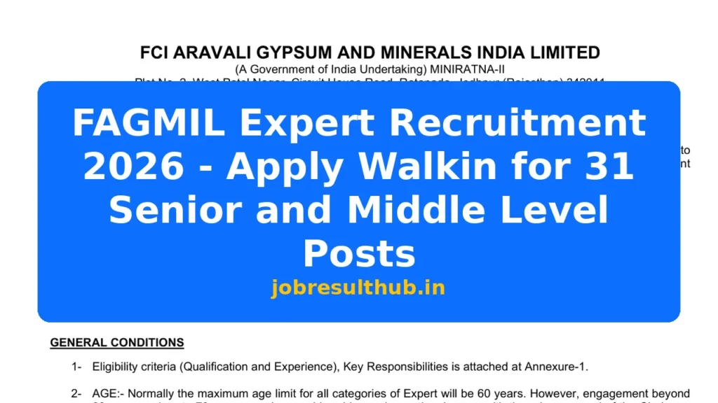 FAGMIL Expert Recruitment 2026 - Apply Walkin for 31 Senior and Middle Level Posts - 31 Posts
