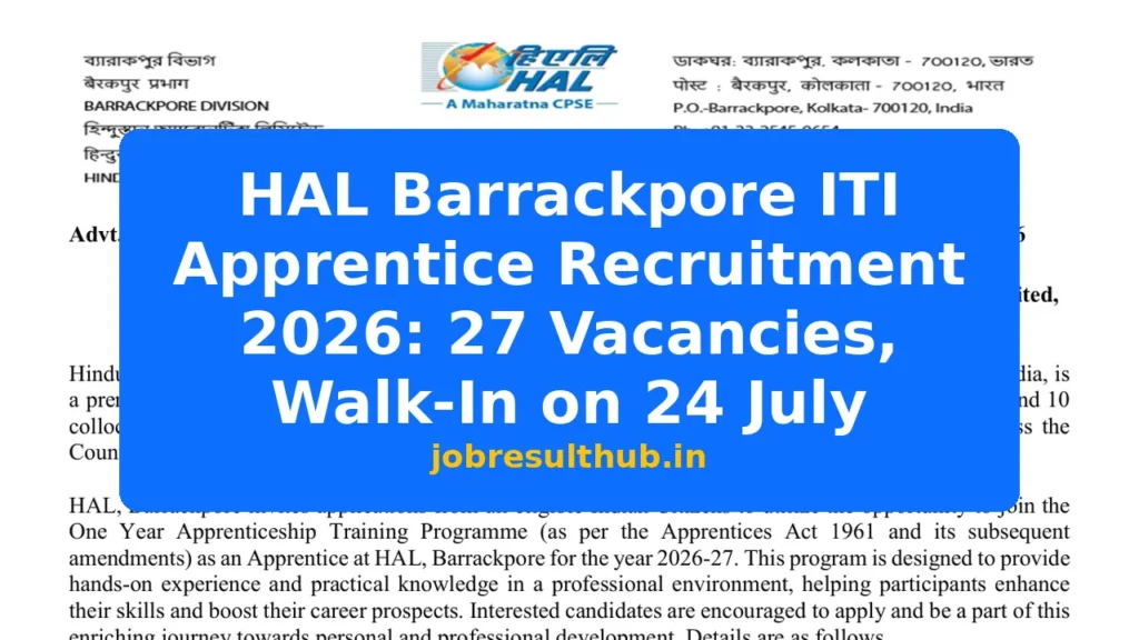 HAL Barrackpore ITI Apprentice Recruitment 2026: 27 Vacancies, Walk-In on 24 July - 27 Posts