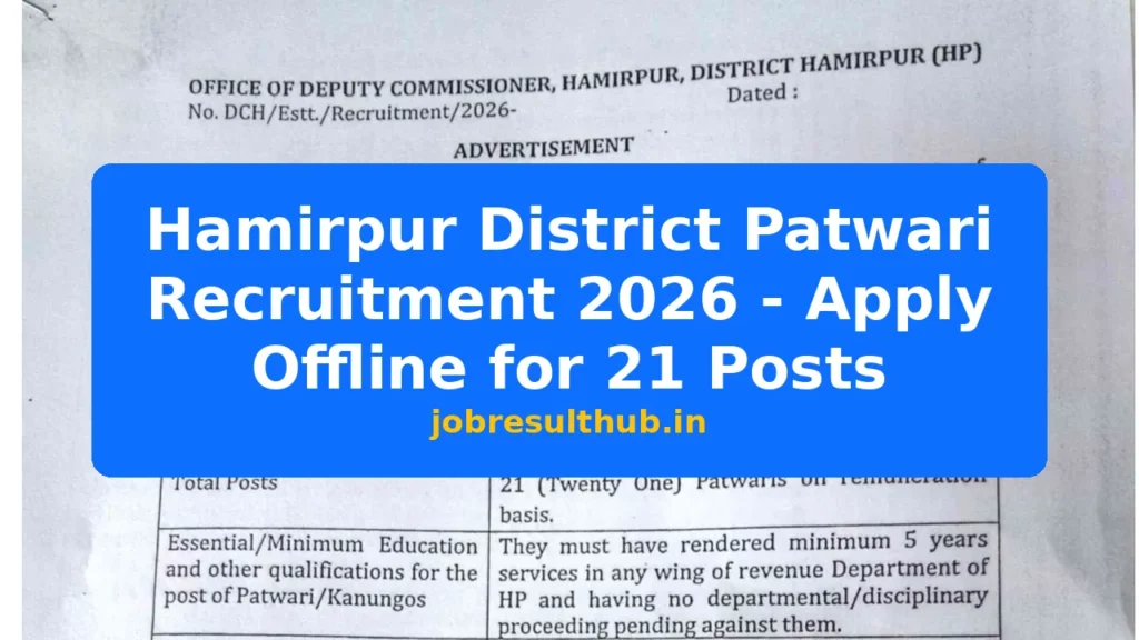 Hamirpur District Patwari Recruitment 2026 - Apply Offline for 21 Posts - 21 Posts