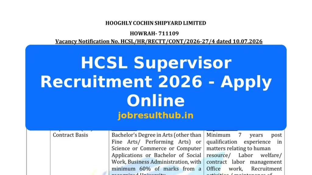 HCSL Supervisor Recruitment 2026 - Apply Online - 2026 Posts