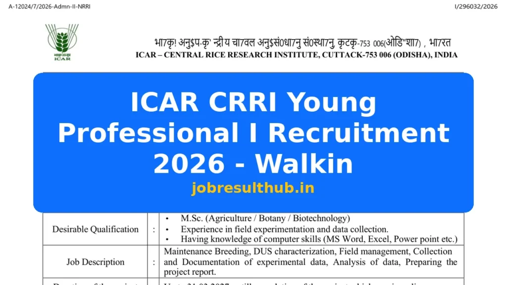 ICAR CRRI Young Professional I Recruitment 2026 - Walkin - 2026 Posts