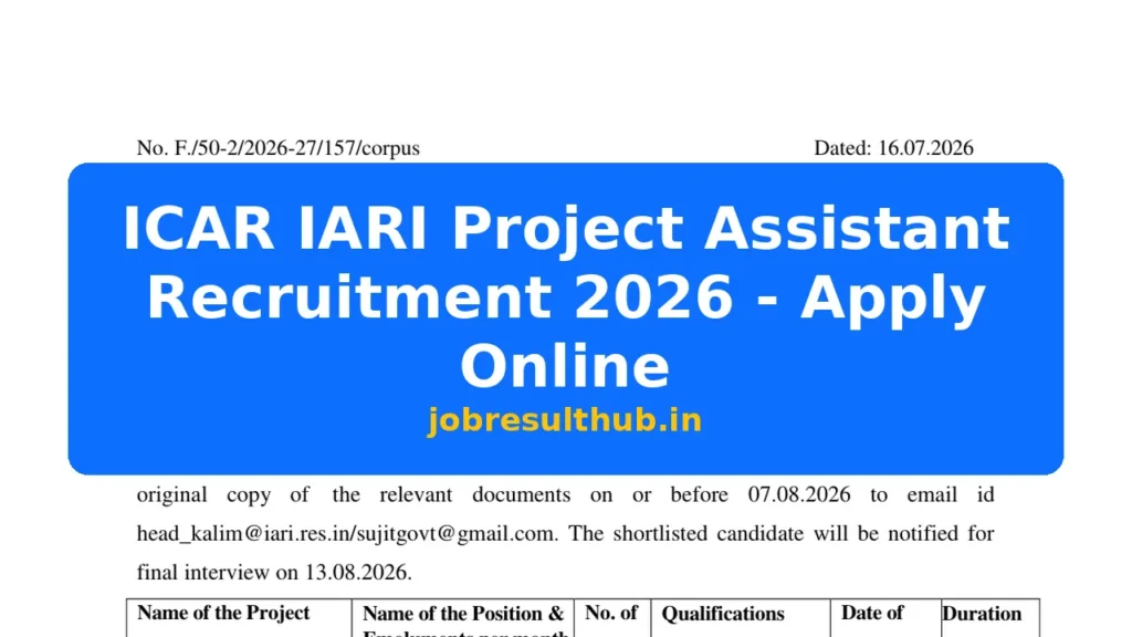 ICAR IARI Project Assistant Recruitment 2026 - Apply Online - 2026 Posts