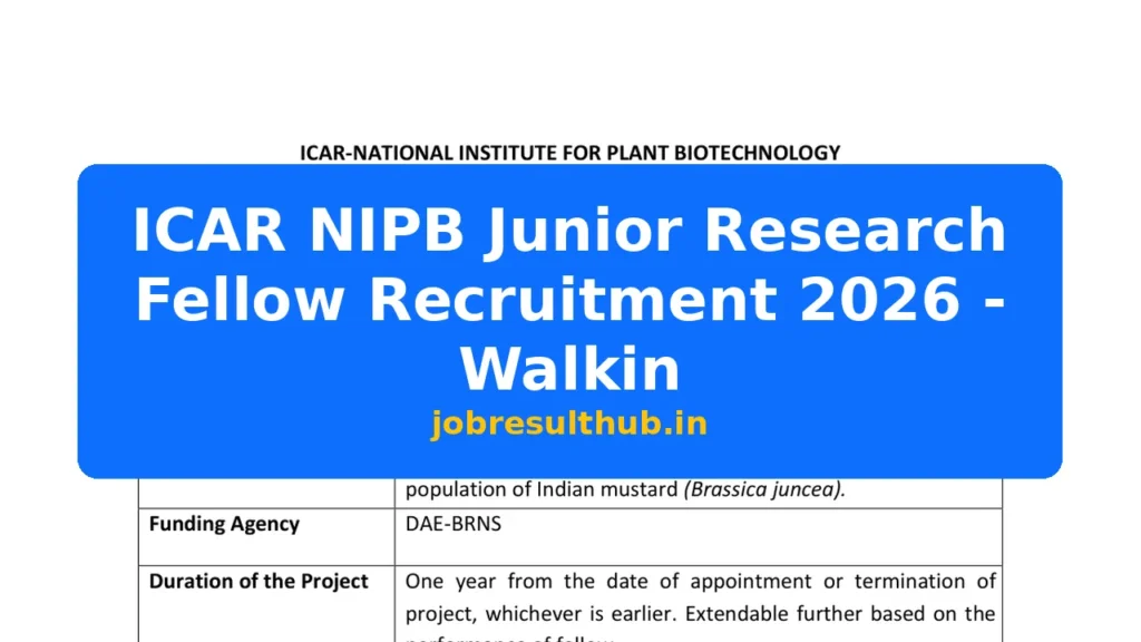 ICAR NIPB Junior Research Fellow Recruitment 2026 - Walkin - 1 Posts