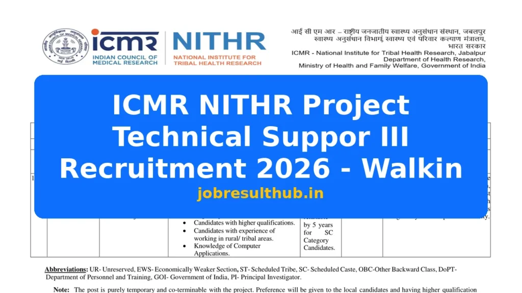 ICMR NITHR Project Technical Suppor III Recruitment 2026 - Walkin - 2026 Posts