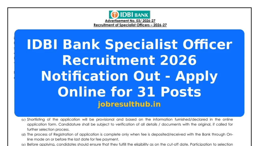 IDBI Bank Specialist Officer Recruitment 2026 Notification Out - Apply Online for 31 Posts - 31 Posts