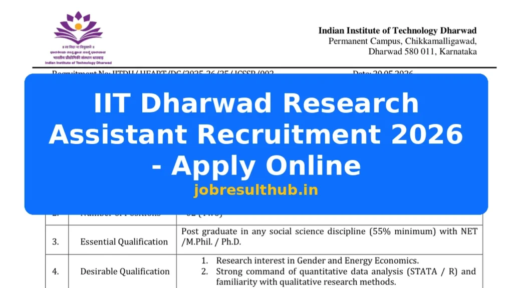 IIT Dharwad Research Assistant Recruitment 2026 - Apply Online - 2026 Posts